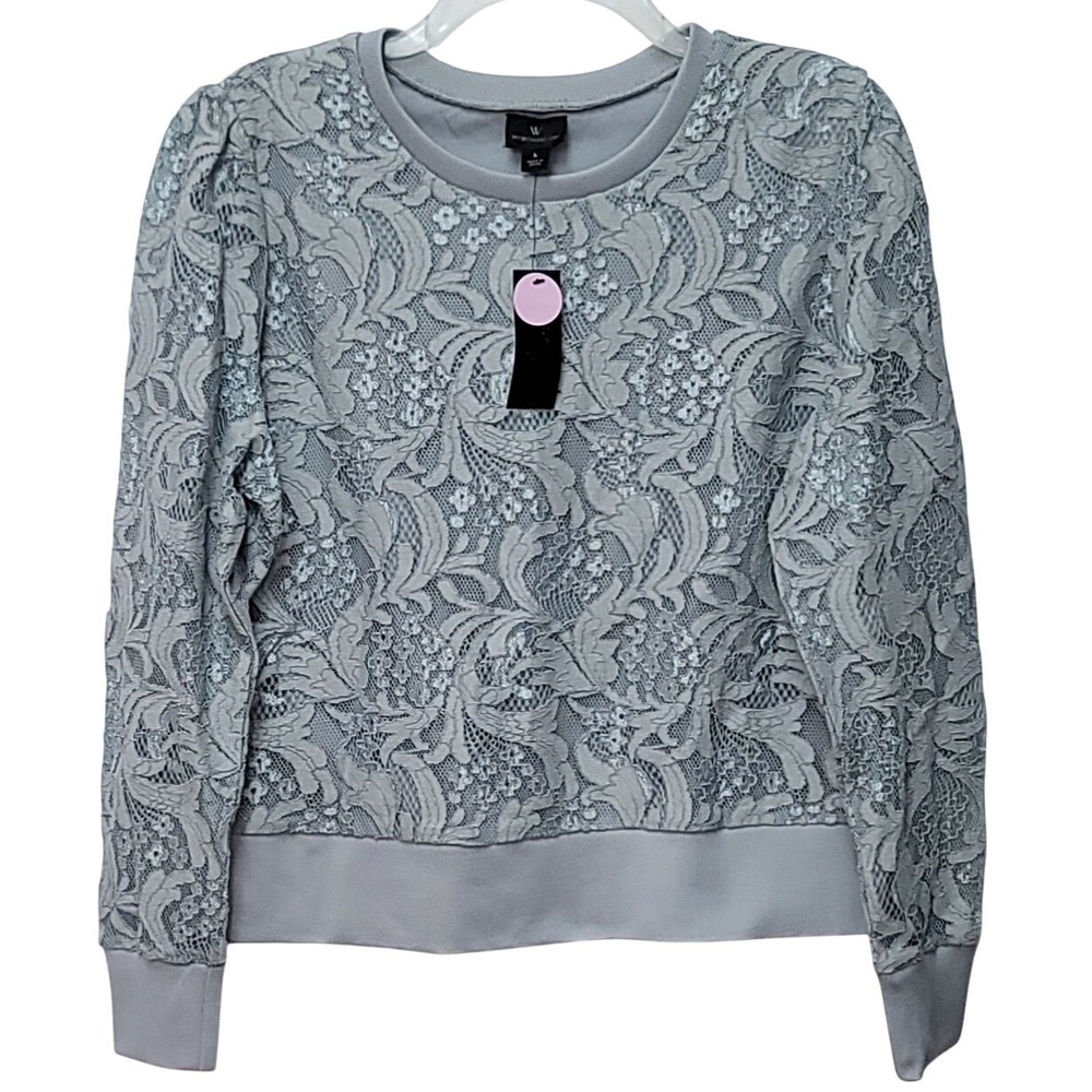 Worthington Gray Overlay Floral Lace Long Sleeve Top L Feminine Dressy Artsy‎